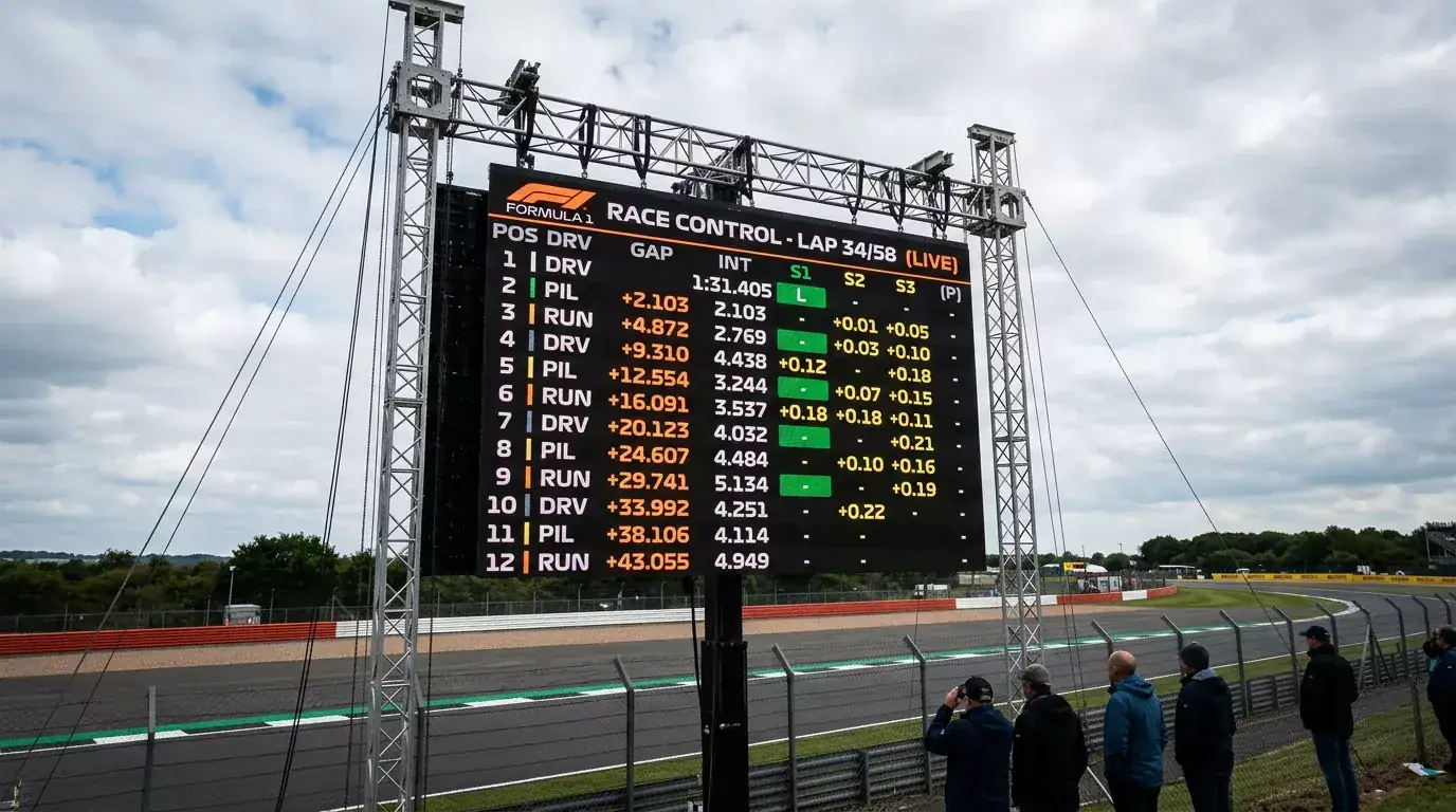 Pantalla de cronometraje en vivo durante un Gran Premio de F1 mostrando posiciones e intervalos entre pilotos