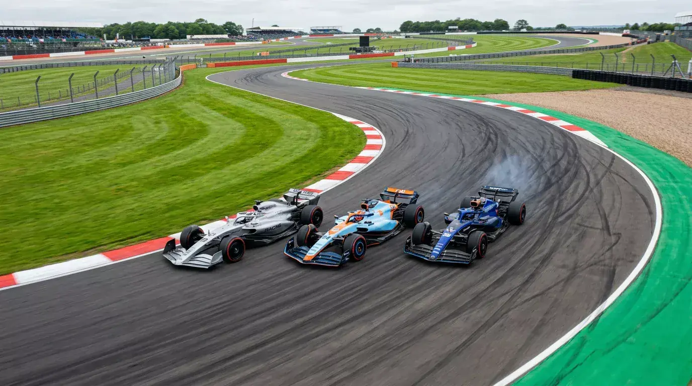 Tres monoplazas de F1 rodando en paralelo durante un Gran Premio con el público de fondo